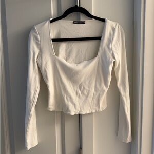 Zara Cream Long Sleeve Square Neck Crop Top
